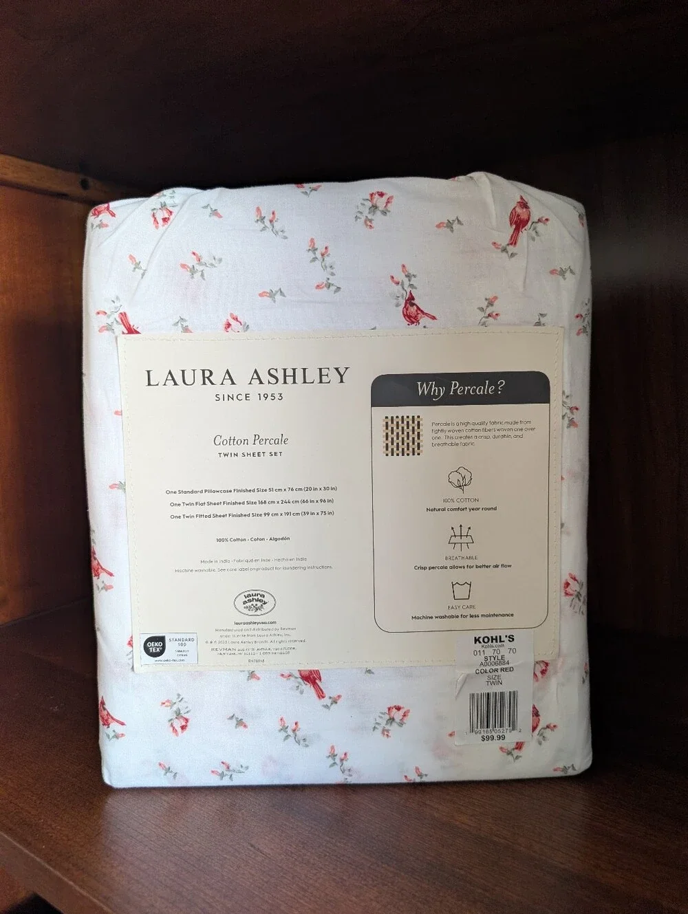 Laura Ashley Twin Red Cardinal Holly Holiday Sheet Set 100% Cotton NEW Christmas